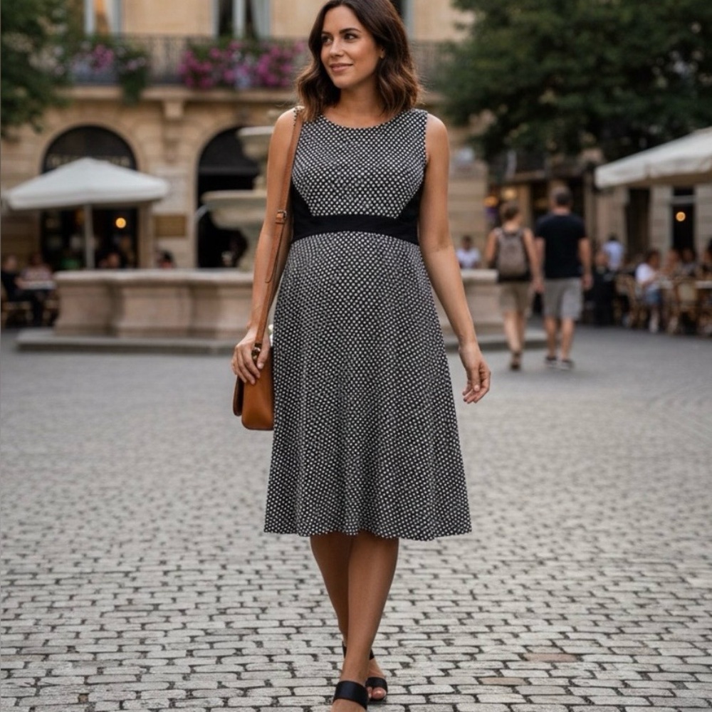 Motherhood sz M maternity dress black & white sleeveless block design polka dot